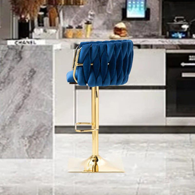 Tabouret de Bar Ovale en Velours Métal Moderne avec Éponge, Dossier, Repose-pieds, Pivotant et Réglable en Hauteur pour Cuisine 