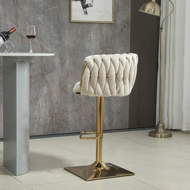 Tabouret de Bar Ovale en Velours Métal Moderne avec Éponge, Dossier, Repose-pieds, Pivotant et Réglable en Hauteur pour Cuisine 