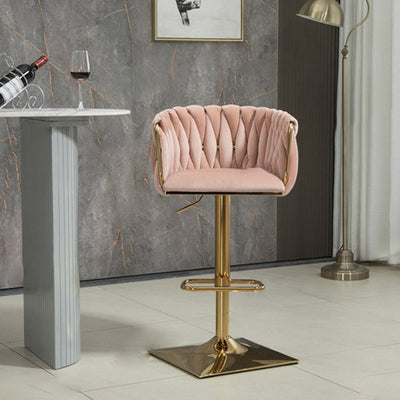 Tabouret de Bar Ovale en Velours Métal Moderne avec Éponge, Dossier, Repose-pieds, Pivotant et Réglable en Hauteur pour Cuisine 