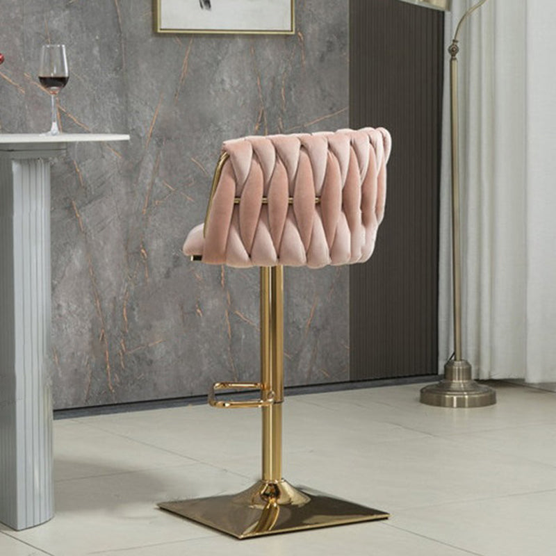 Tabouret de Bar Ovale en Velours Métal Moderne avec Éponge, Dossier, Repose-pieds, Pivotant et Réglable en Hauteur pour Cuisine 