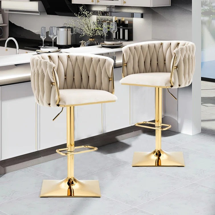 Tabouret de Bar Ovale en Velours Métal Moderne avec Éponge, Dossier, Repose-pieds, Pivotant et Réglable en Hauteur pour Cuisine 