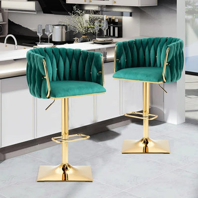 Tabouret de Bar Ovale en Velours Métal Moderne avec Éponge, Dossier, Repose-pieds, Pivotant et Réglable en Hauteur pour Cuisine 