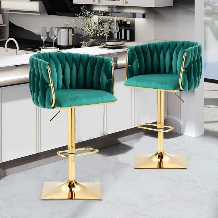 Tabouret de Bar Ovale en Velours Métal Moderne avec Éponge, Dossier, Repose-pieds, Pivotant et Réglable en Hauteur pour Cuisine 
