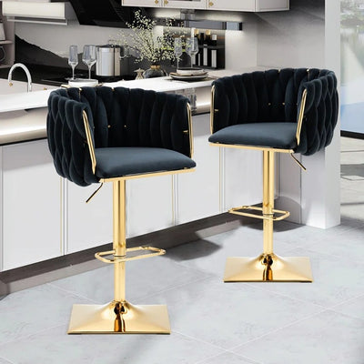 Tabouret de Bar Ovale en Velours Métal Moderne avec Éponge, Dossier, Repose-pieds, Pivotant et Réglable en Hauteur pour Cuisine 