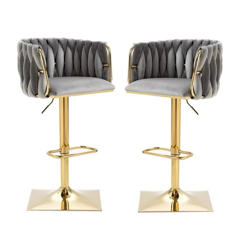 Tabouret de Bar Ovale en Velours Métal Moderne avec Éponge, Dossier, Repose-pieds, Pivotant et Réglable en Hauteur pour Cuisine 