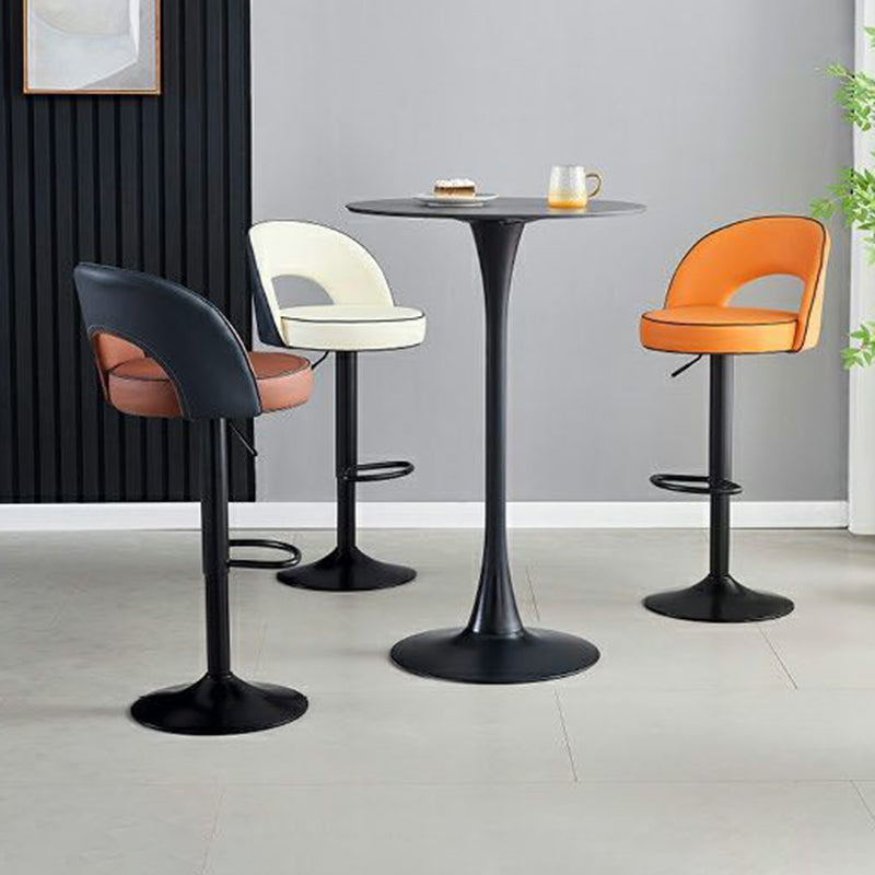 Taburete de bar redondo elevable de cuero y metal con esponja de simplicidad moderna, respaldo, reposapiés y giro para cocina 