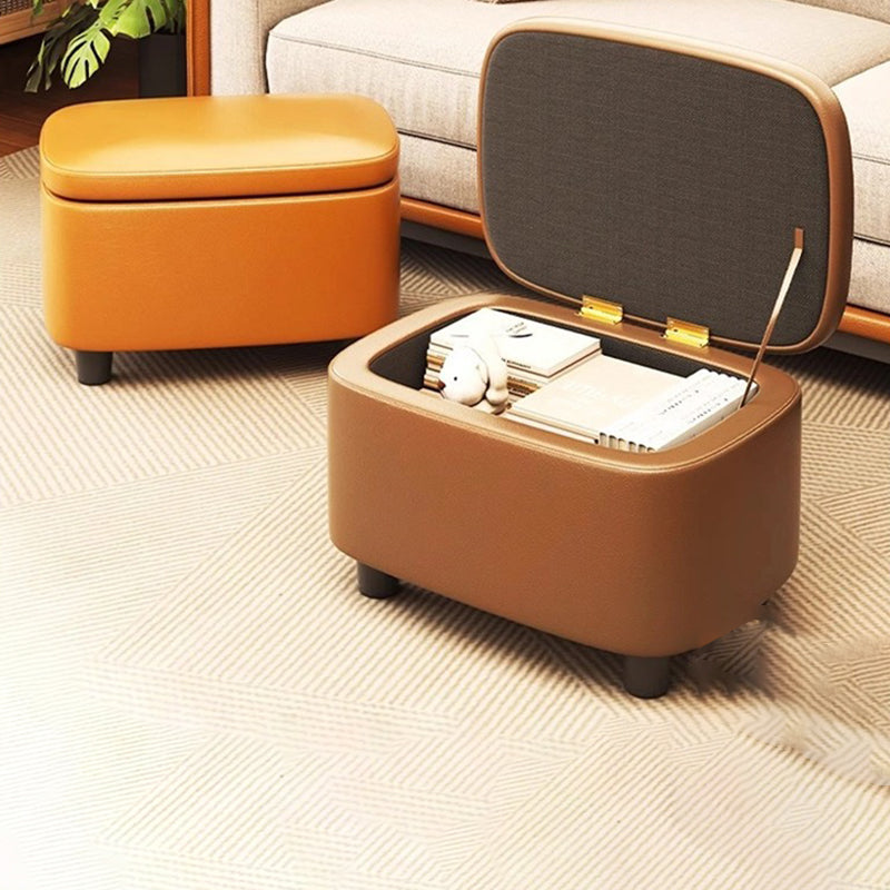 Contemporary Scandinavian Oil Waxed Leather Wood Sponge Rectangular Storage Footstool Backless For Entryway