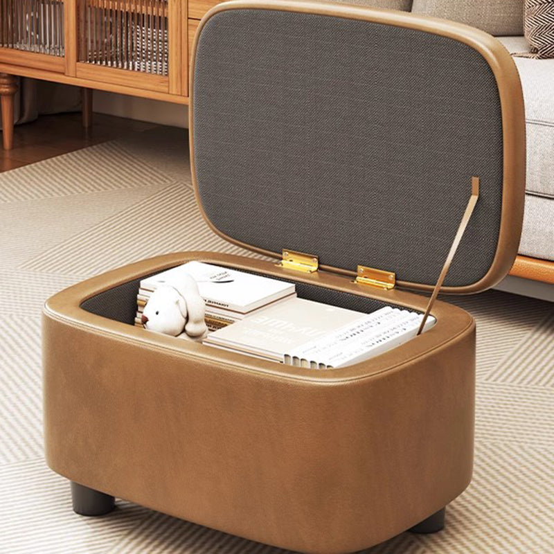 Contemporary Scandinavian Oil Waxed Leather Wood Sponge Rectangular Storage Footstool Backless For Entryway