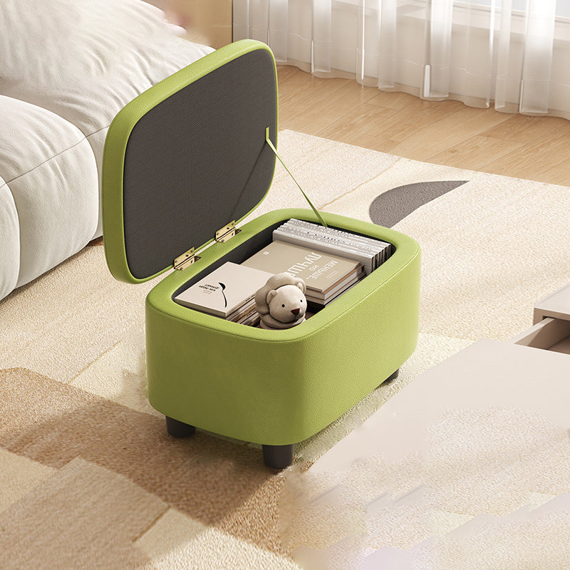 Contemporary Scandinavian Oil Waxed Leather Wood Sponge Rectangular Storage Footstool Backless For Entryway