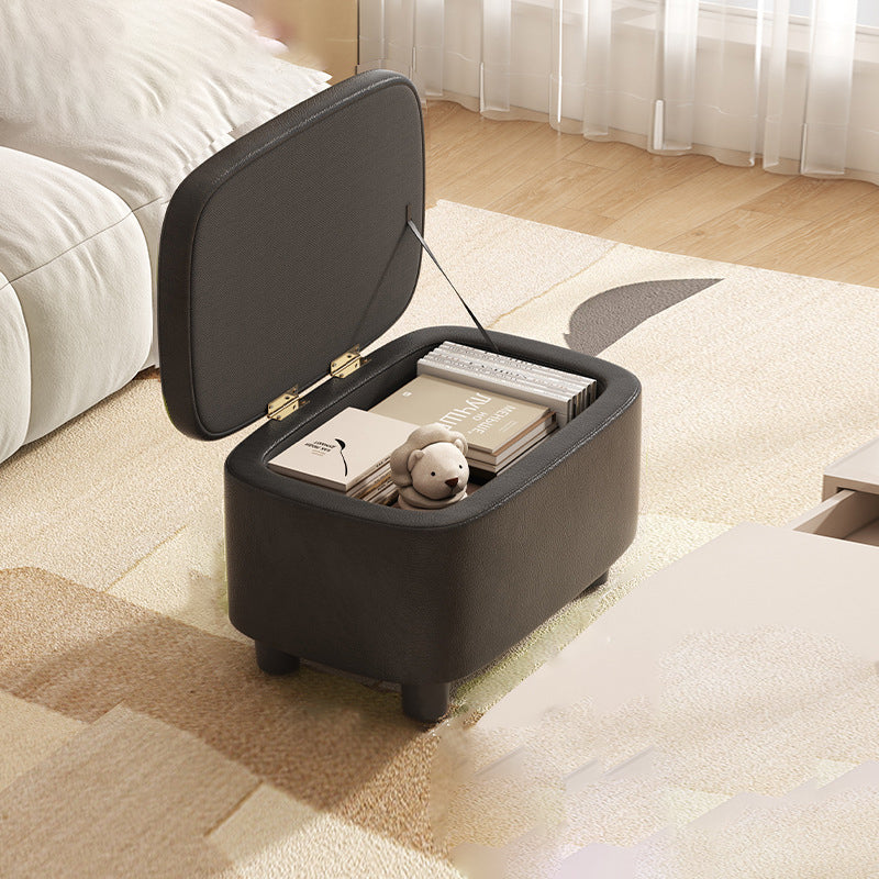 Contemporary Scandinavian Oil Waxed Leather Wood Sponge Rectangular Storage Footstool Backless For Entryway