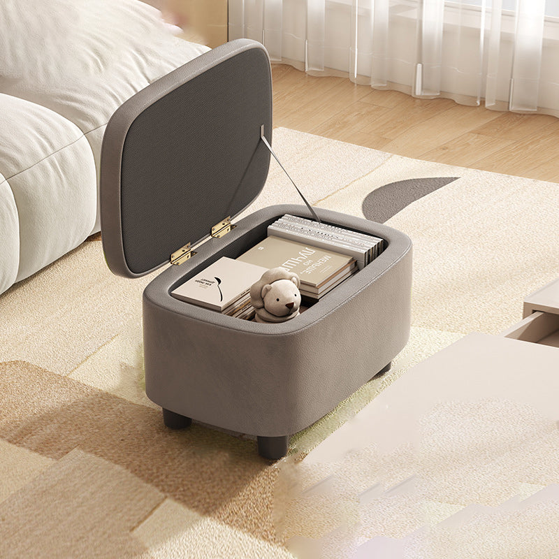 Contemporary Scandinavian Oil Waxed Leather Wood Sponge Rectangular Storage Footstool Backless For Entryway