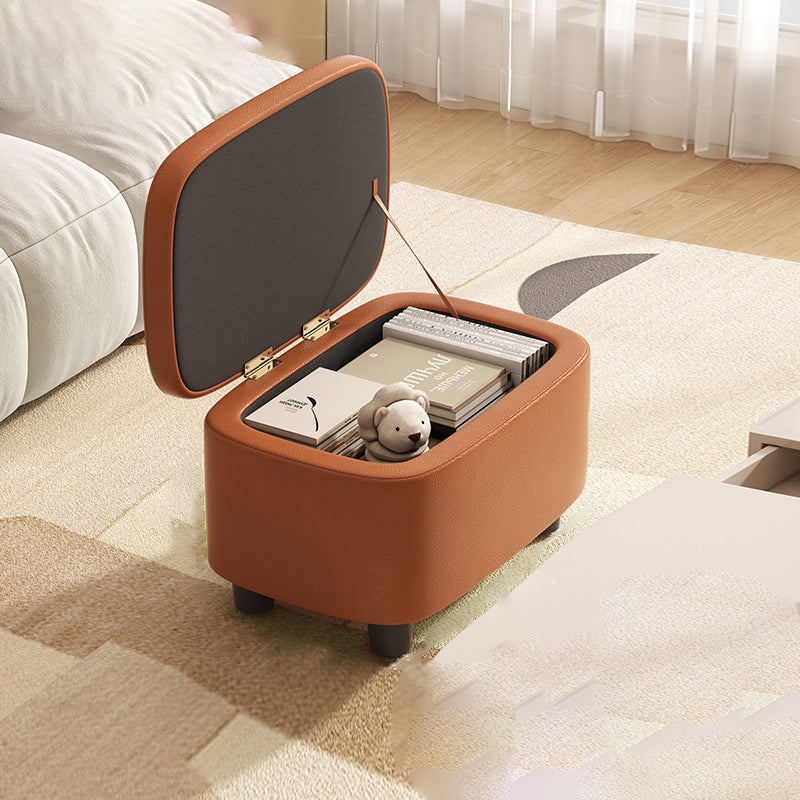 Contemporary Scandinavian Oil Waxed Leather Wood Sponge Rectangular Storage Footstool Backless For Entryway