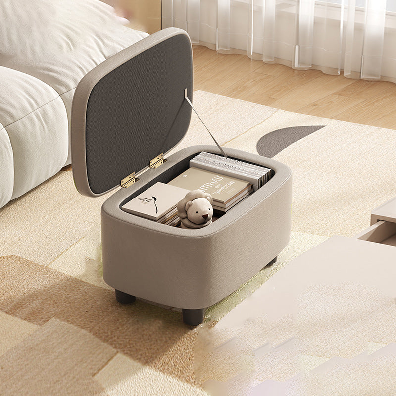 Contemporary Scandinavian Oil Waxed Leather Wood Sponge Rectangular Storage Footstool Backless For Entryway