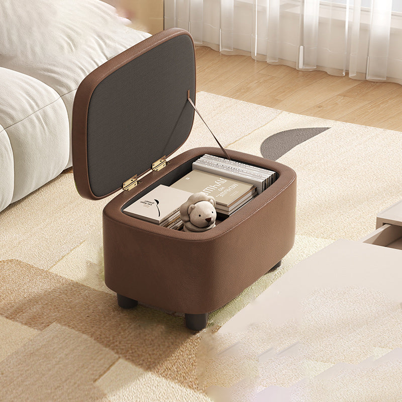 Contemporary Scandinavian Oil Waxed Leather Wood Sponge Rectangular Storage Footstool Backless For Entryway