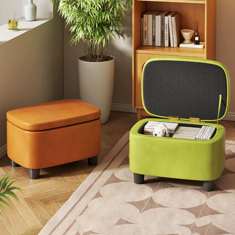 Contemporary Scandinavian Oil Waxed Leather Wood Sponge Rectangular Storage Footstool Backless For Entryway