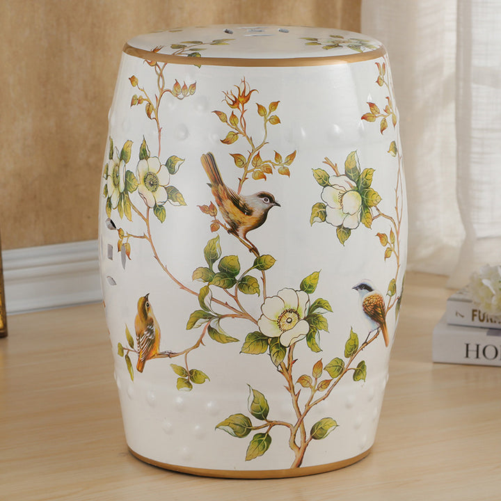 伝統的なヨーロッパの陶器の手描きの鳥と花のドラムシリンダーフットスツール、リビングルーム用の背もたれなし 