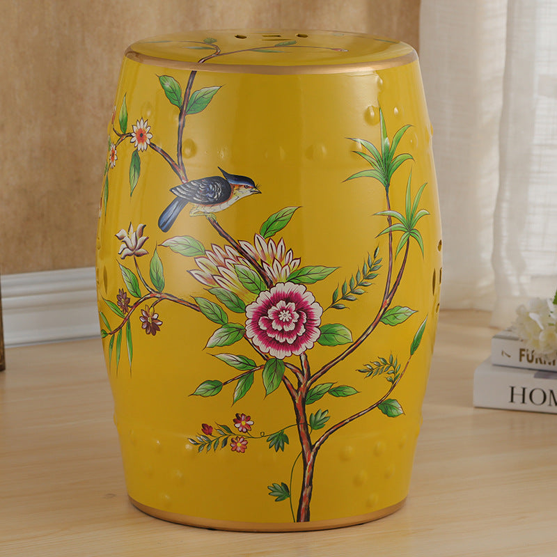 Traditional European Ceramic Hand Painted Bird Flower Drum Cylinder Footstool Backless For Living Room