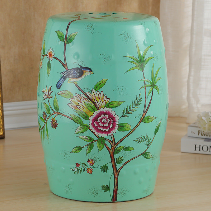 Traditional European Ceramic Hand Painted Bird Flower Drum Cylinder Footstool Backless For Living Room