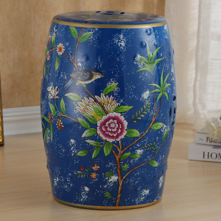 Traditional European Ceramic Hand Painted Bird Flower Drum Cylinder Footstool Backless For Living Room