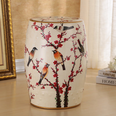 Traditional European Ceramic Hand Painted Bird Flower Drum Cylinder Footstool Backless For Living Room