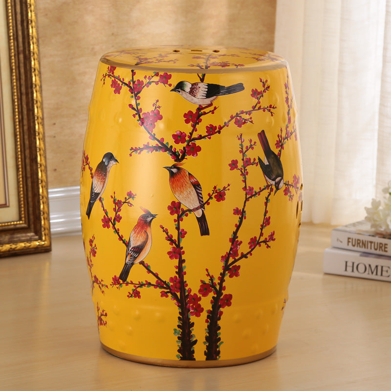 Traditional European Ceramic Hand Painted Bird Flower Drum Cylinder Footstool Backless For Living Room