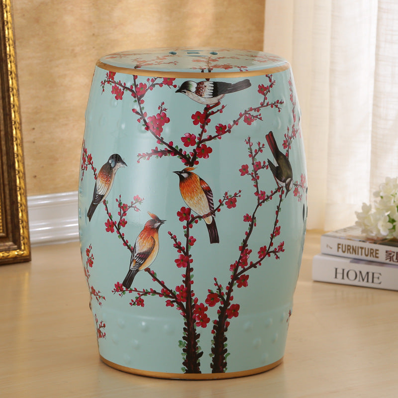 Traditional European Ceramic Hand Painted Bird Flower Drum Cylinder Footstool Backless For Living Room