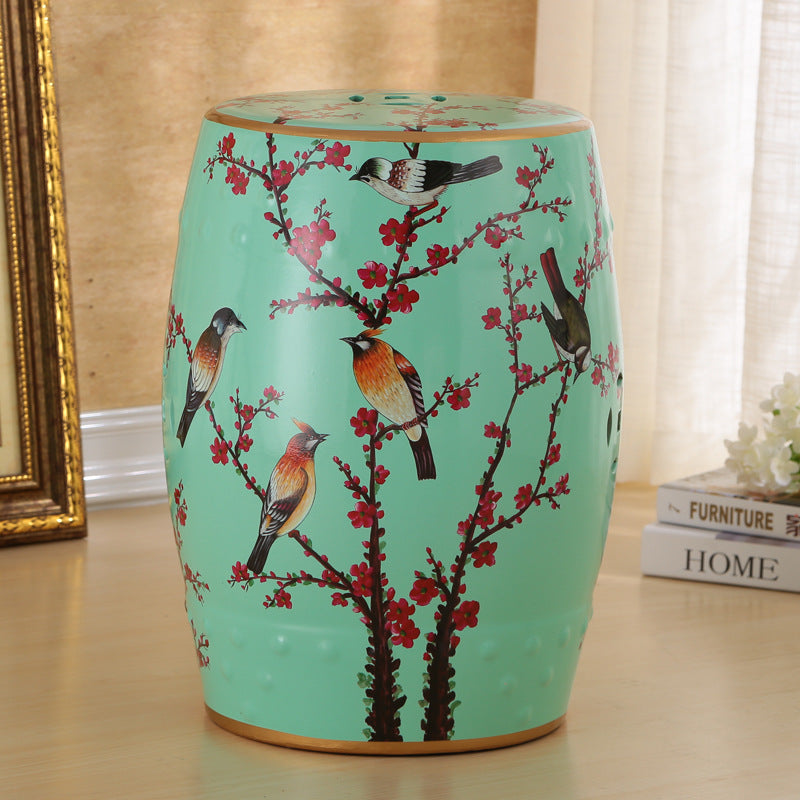 Traditional European Ceramic Hand Painted Bird Flower Drum Cylinder Footstool Backless For Living Room