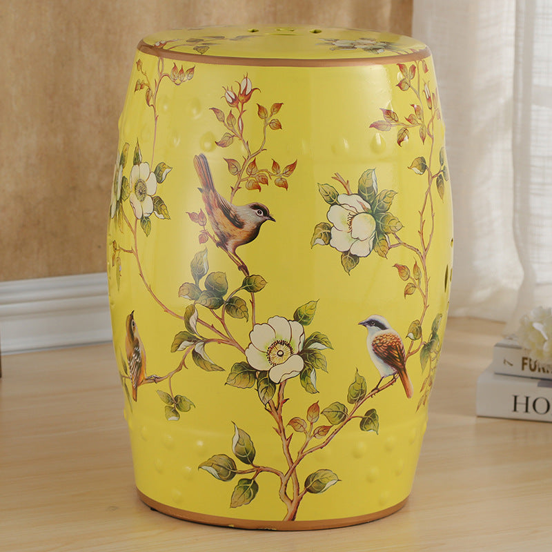 Traditional European Ceramic Hand Painted Bird Flower Drum Cylinder Footstool Backless For Living Room