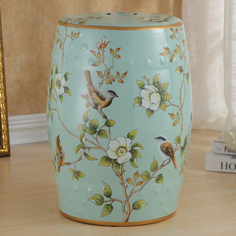 Traditional European Ceramic Hand Painted Bird Flower Drum Cylinder Footstool Backless For Living Room
