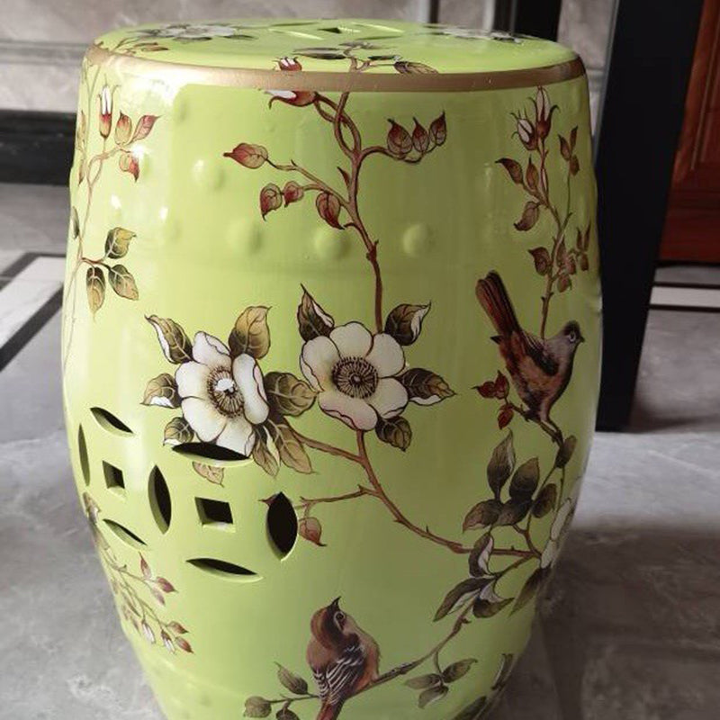 Traditional European Ceramic Hand Painted Bird Flower Drum Cylinder Footstool Backless For Living Room