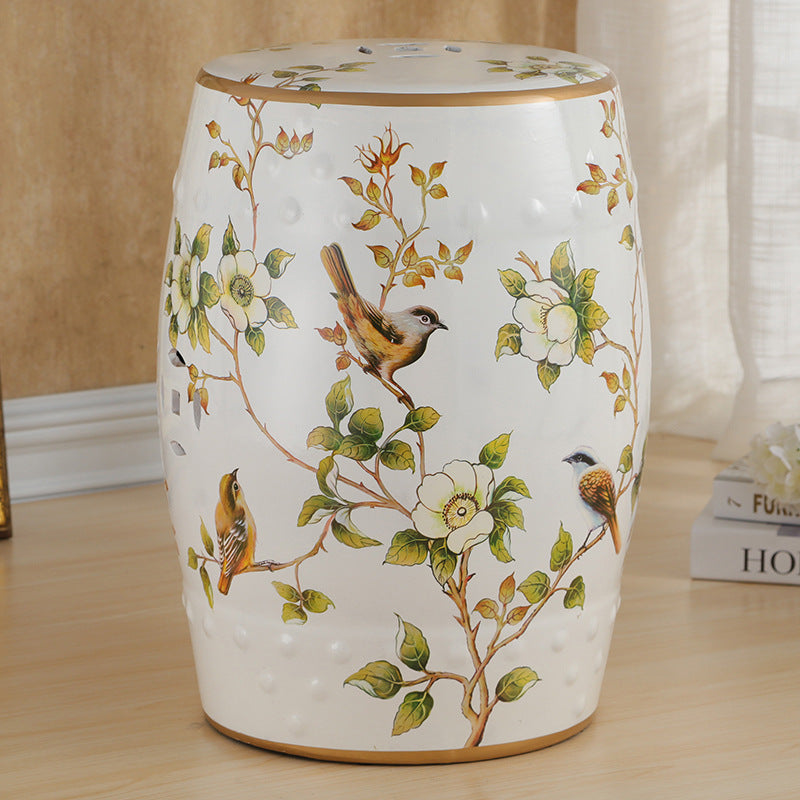 Traditional European Ceramic Hand Painted Bird Flower Drum Cylinder Footstool Backless For Living Room