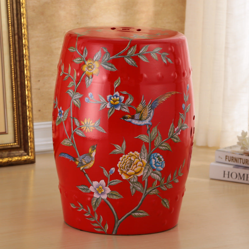 Traditional European Ceramic Hand Painted Bird Flower Drum Cylinder Footstool Backless For Living Room