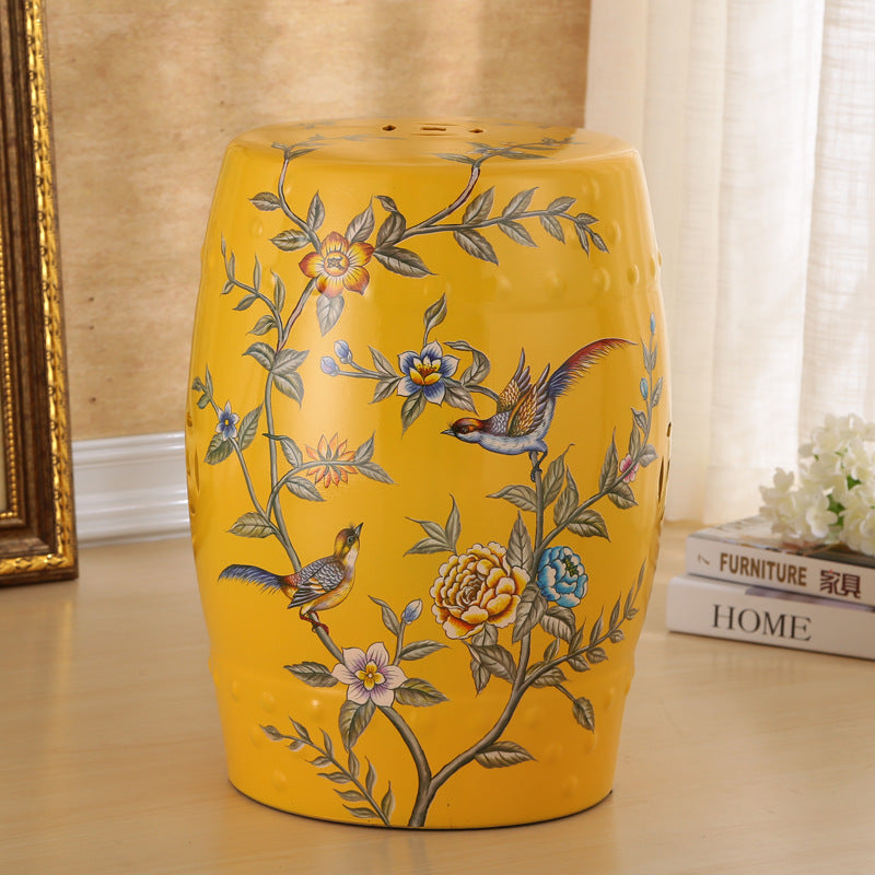 Traditional European Ceramic Hand Painted Bird Flower Drum Cylinder Footstool Backless For Living Room