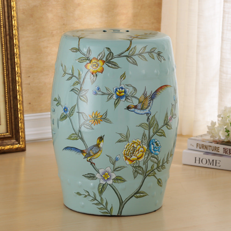 Traditional European Ceramic Hand Painted Bird Flower Drum Cylinder Footstool Backless For Living Room
