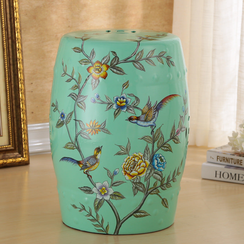 Traditional European Ceramic Hand Painted Bird Flower Drum Cylinder Footstool Backless For Living Room