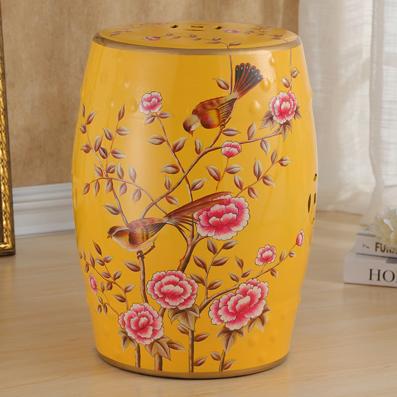 Traditional European Ceramic Hand Painted Bird Flower Drum Cylinder Footstool Backless For Living Room