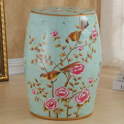 Traditional European Ceramic Hand Painted Bird Flower Drum Cylinder Footstool Backless For Living Room