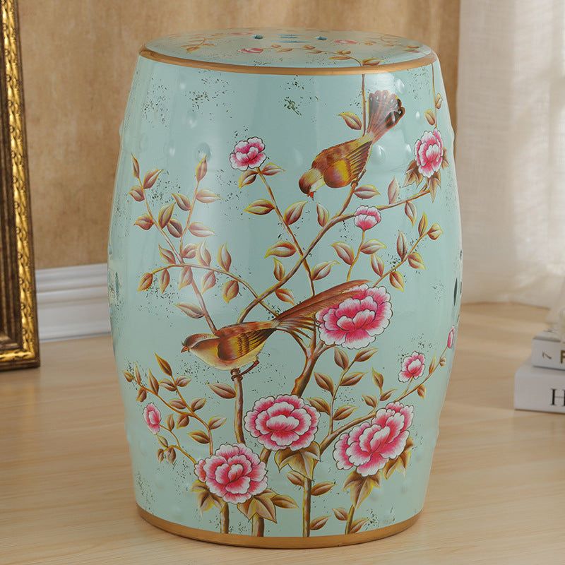 Traditional European Ceramic Hand Painted Bird Flower Drum Cylinder Footstool Backless For Living Room