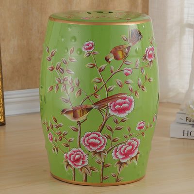 Traditional European Ceramic Hand Painted Bird Flower Drum Cylinder Footstool Backless For Living Room