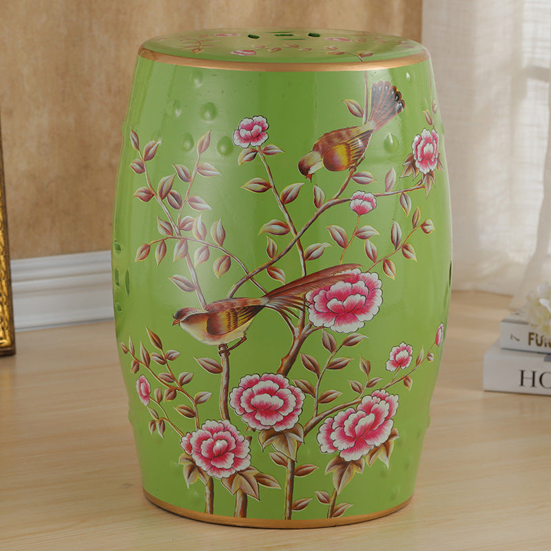 Traditional European Ceramic Hand Painted Bird Flower Drum Cylinder Footstool Backless For Living Room