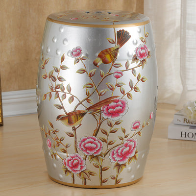 Traditional European Ceramic Hand Painted Bird Flower Drum Cylinder Footstool Backless For Living Room