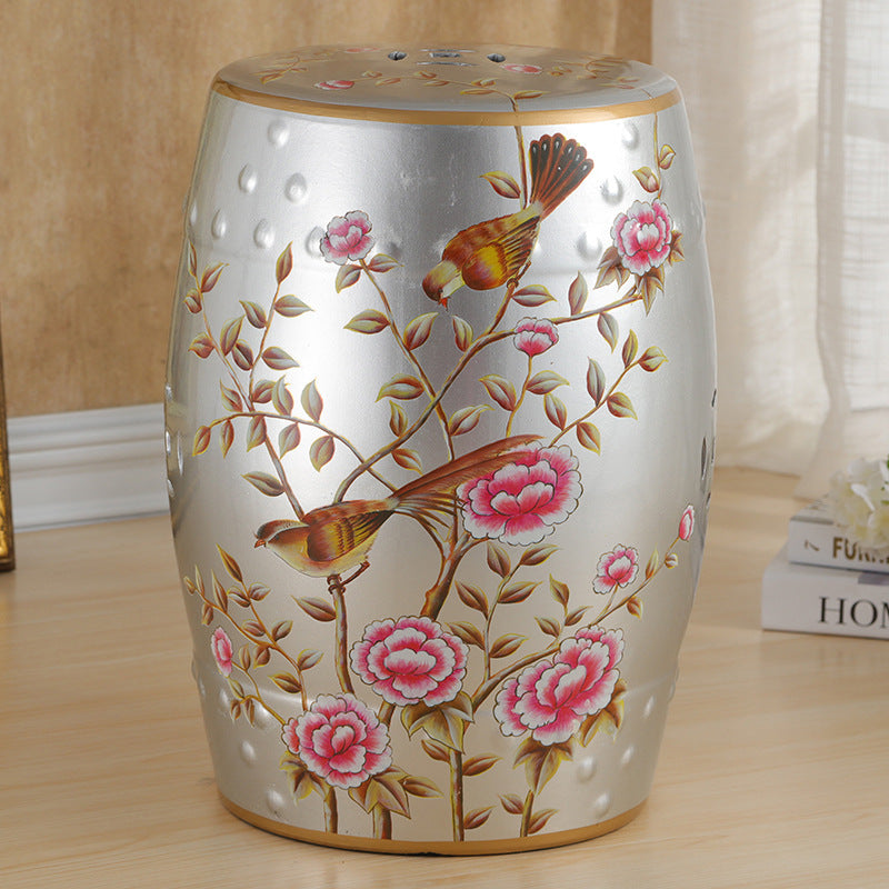 Traditional European Ceramic Hand Painted Bird Flower Drum Cylinder Footstool Backless For Living Room