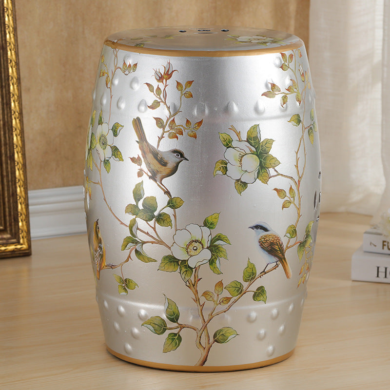 Traditional European Ceramic Hand Painted Bird Flower Drum Cylinder Footstool Backless For Living Room