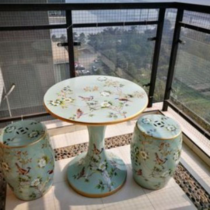 伝統的なヨーロッパの陶器の手描きの鳥と花のドラムシリンダーフットスツール、リビングルーム用の背もたれなし 