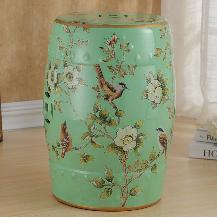伝統的なヨーロッパの陶器の手描きの鳥と花のドラムシリンダーフットスツール、リビングルーム用の背もたれなし 