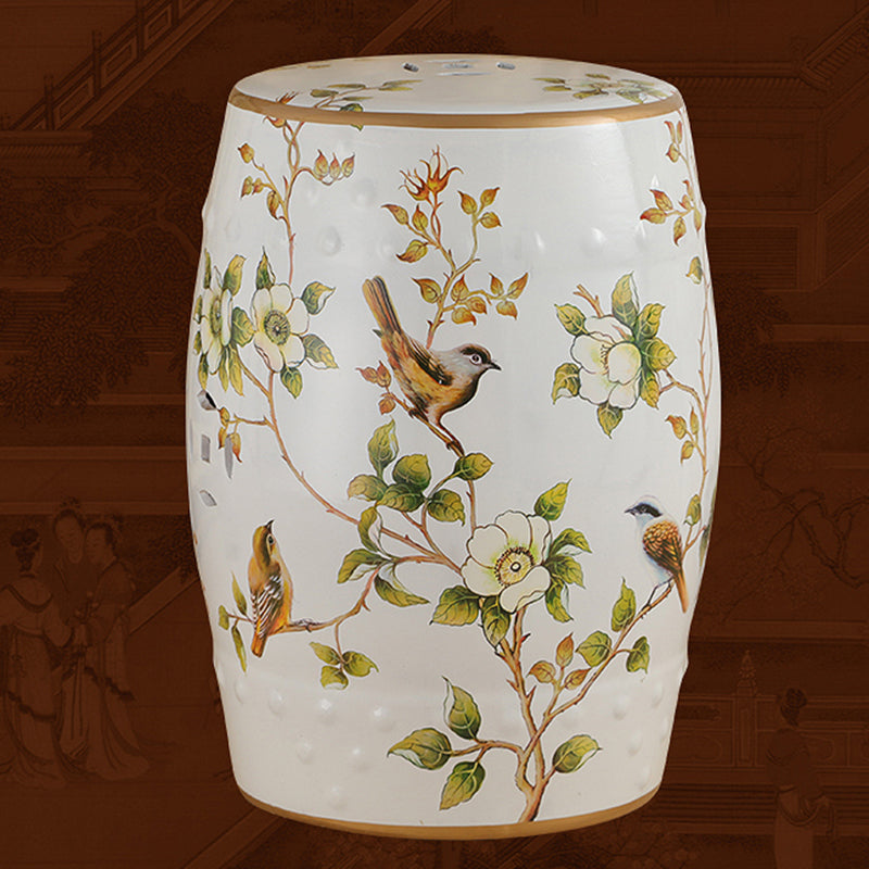 Traditional European Ceramic Hand Painted Bird Flower Drum Cylinder Footstool Backless For Living Room