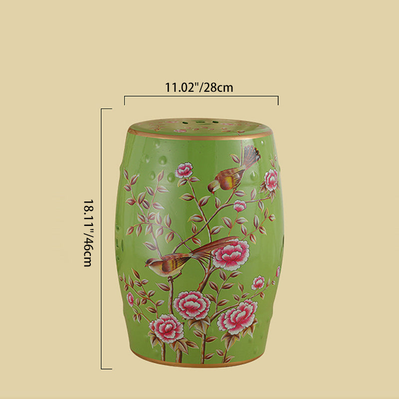 Traditional European Ceramic Hand Painted Bird Flower Drum Cylinder Footstool Backless For Living Room