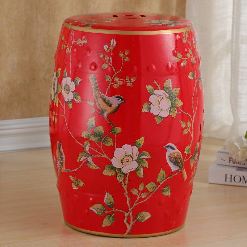 Traditional European Ceramic Hand Painted Bird Flower Drum Cylinder Footstool Backless For Living Room
