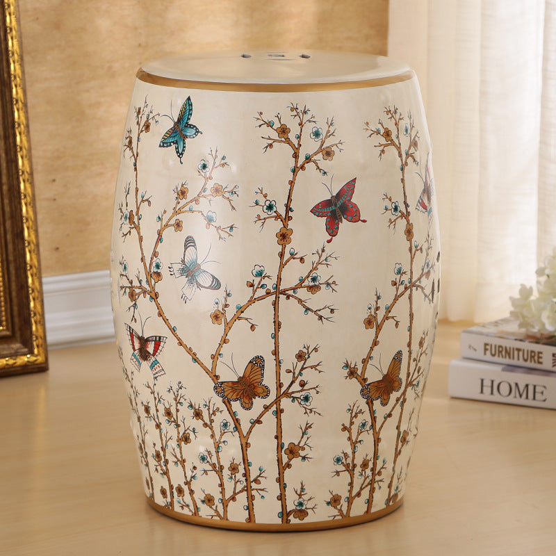 Traditional European Ceramic Hand Painted Bird Flower Drum Cylinder Footstool Backless For Living Room