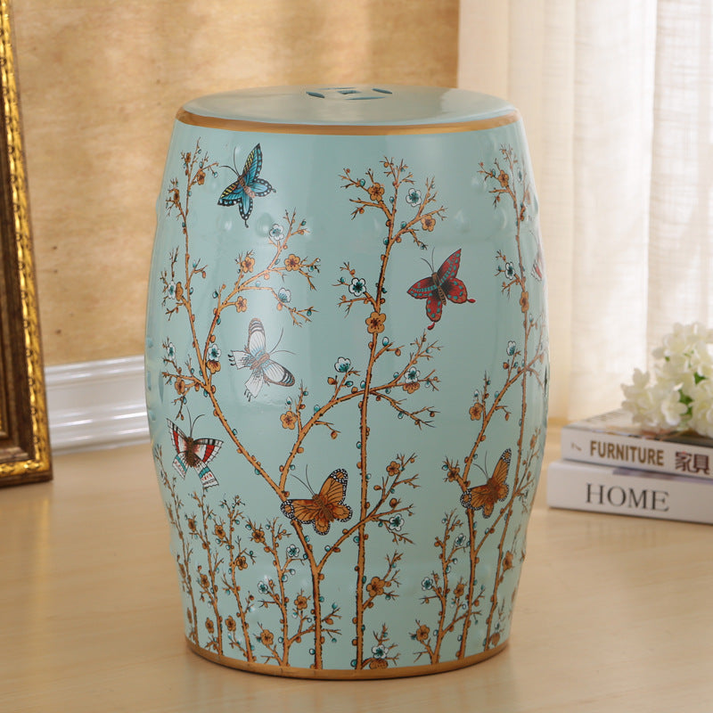Traditional European Ceramic Hand Painted Bird Flower Drum Cylinder Footstool Backless For Living Room